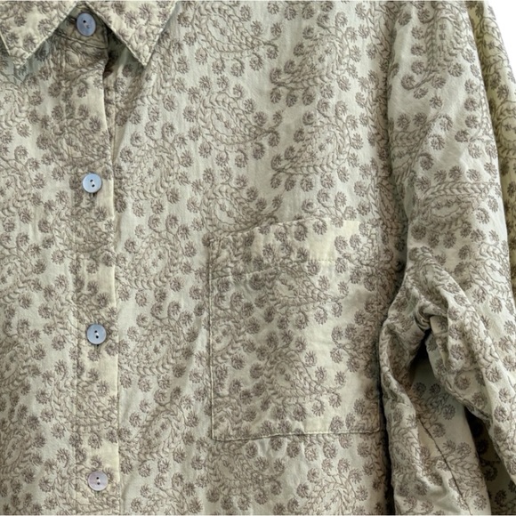 J. Jill Size L Olive Green Floral Embroidered Button-Up Blouse Boho Cotton Top - Picture 7 of 9